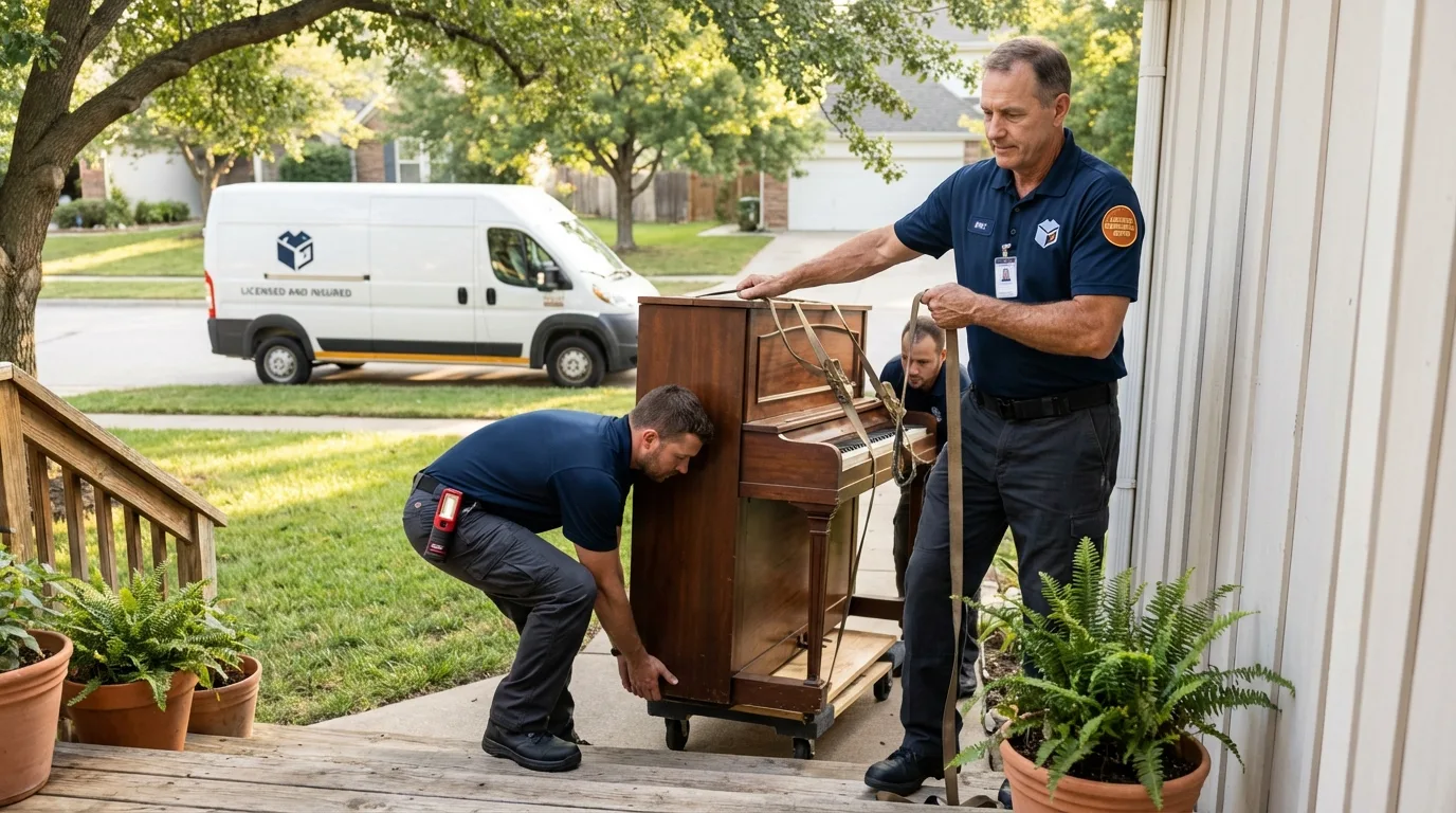 Licensed piano movers securing grand piano in McDonough, GA